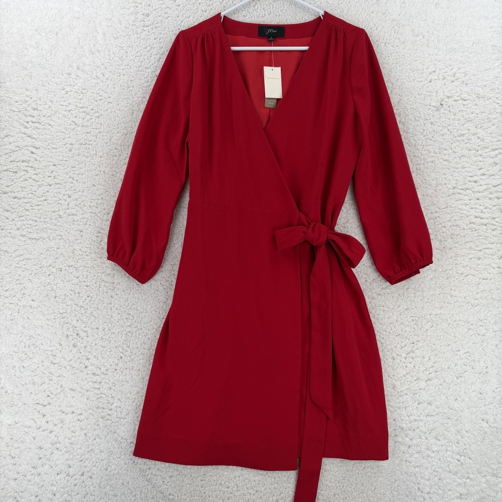 J Crew Womens 6 Red Wrap Dress V Neck 3/4 Puff Sleeve Belted Tie Waist H6292 NWT